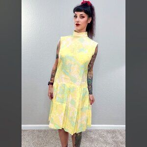 1960 Vintage Mod Midi Dress Yellow Scooter Abstract Sleeveless Retro 1920s M/L